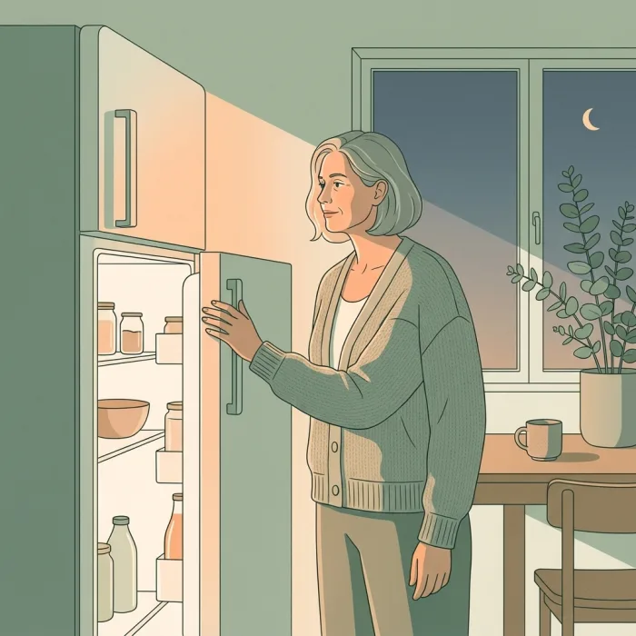 Eine Frau steht abends am offenen Kühlschrank, das warme Licht fällt auf sie, draußen steht der Mond.