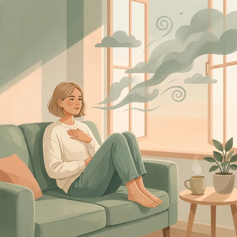 Eine Frau sitzt abends auf dem Sofa, eine Hand auf der Brust, und sieht ruhig zu, wie graue Wolken zum Fenster hinausziehen.