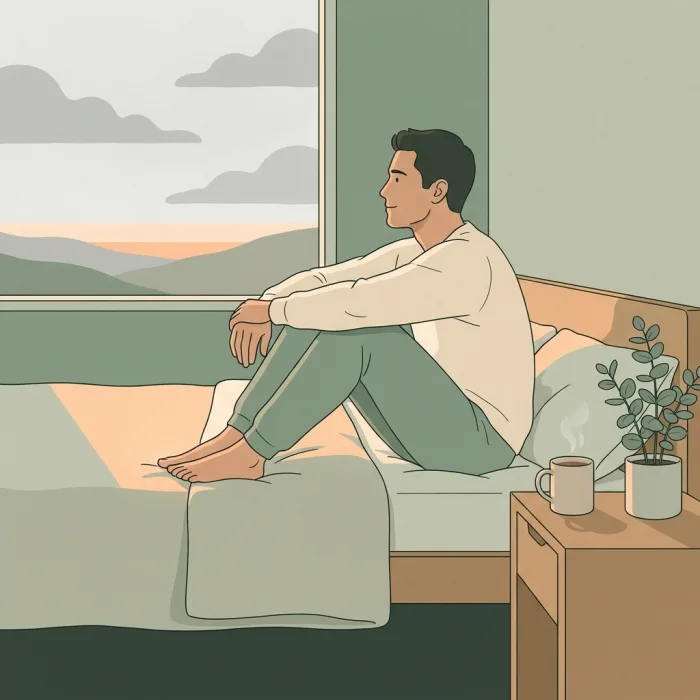 Ein Mann sitzt früh am Morgen auf der Bettkante und sieht zum Fenster, hinter dem graue Wolken über Hügeln hängen und ein schmaler Streifen warmes Licht liegt.