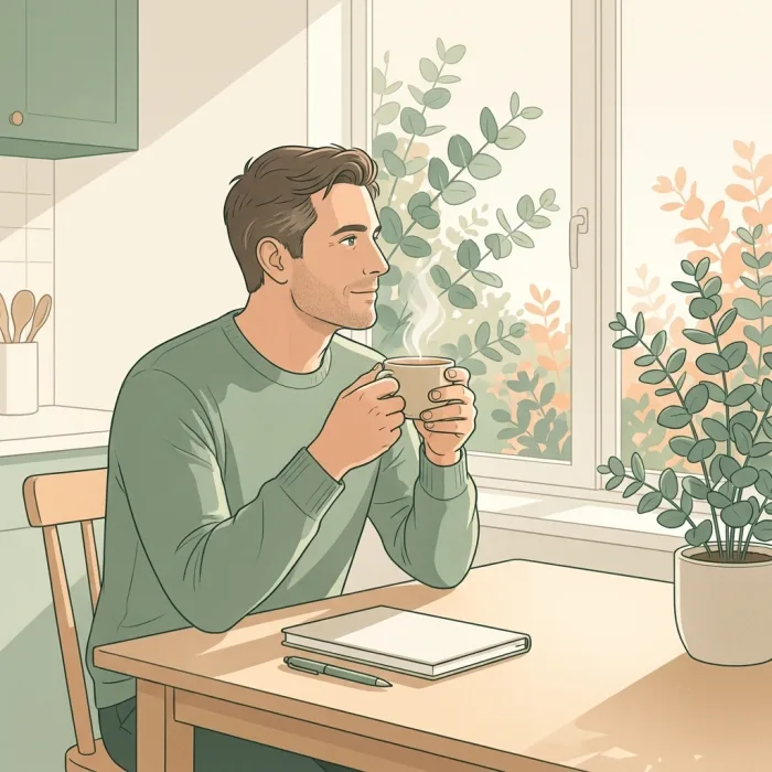 Ein Mann sitzt früh am Morgen an einem Holztisch in einer hellen Küche, hält eine dampfende Teetasse in beiden Händen und sieht ruhig aus dem Fenster in einen Garten. Auf dem Tisch liegen ein geschlossenes Notizbuch und ein Stift.