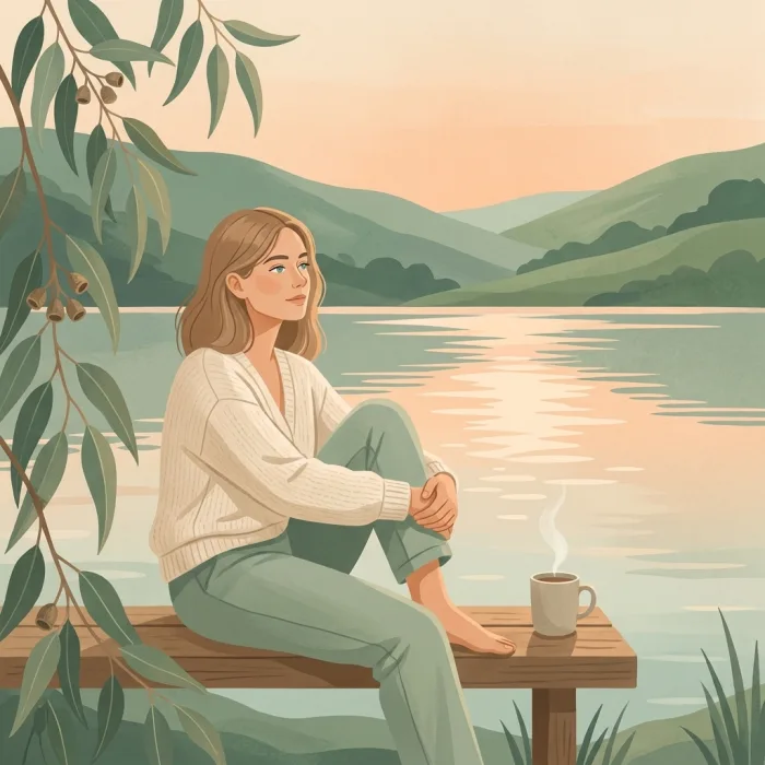 Eine Frau sitzt allein auf einer Holzbank am Ufer eines stillen Sees, hält ihre Knie und sieht ruhig auf das Wasser, in dem sich das warme Abendlicht spiegelt. Neben ihr steht eine Tasse mit leichtem Dampf.